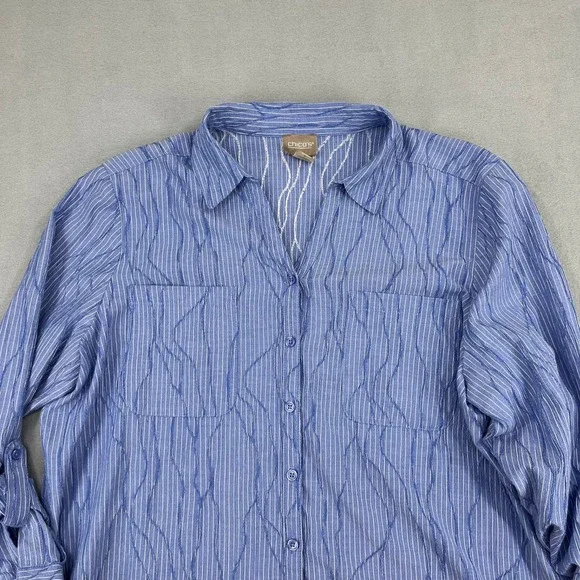Chico's Blue White Pinstripe Textured Button Down Shirt Roll Tab Size 3 Large - Picture 2 of 13